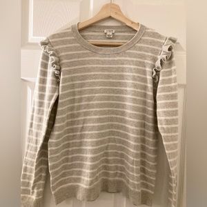 JCrew gray and white striped sweater with shoulder ruffles. Size S.